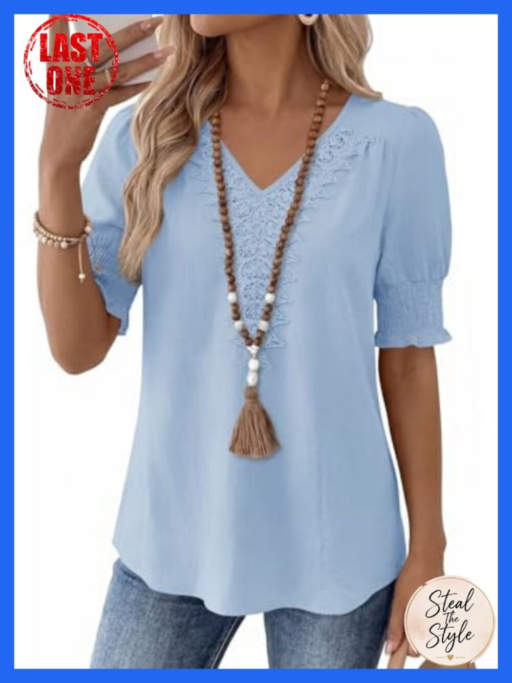 Womens Boho Peasant Blouse Crochet Lace V Neck Short Puff Sleeve Summer Top